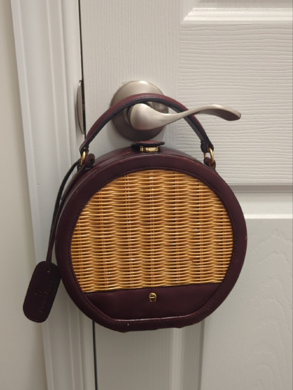 Etienne Aigner Burgundy Leather and Natural Wicker Round Top-Handle Bag - Picture 2 of 2